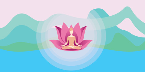 Illustration of woman in lotus pose on pink lotus flower over serene water with mountain view. A soft and calming symbol of harmony, mindfulness, healing and emotional restoration.
