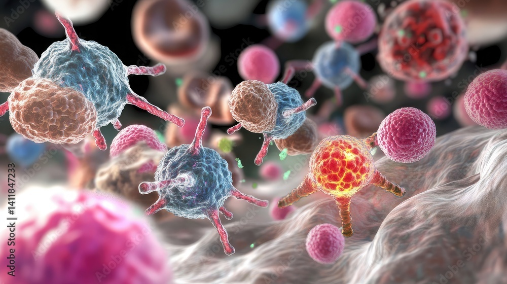 Poster colorful microscopic view of cells and microorganisms in action