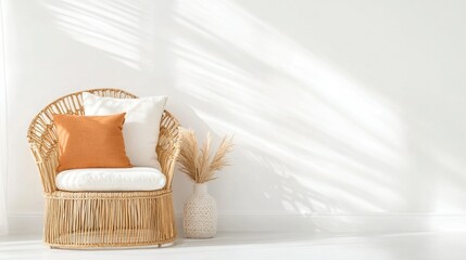 Cozy Rattan Chair with Cushions Against Minimalist White Wall and Decorative Vase