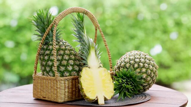 Pineapple fruit in Bamboo basket on wooden table in garden, Organic Taiwan Watermelon Pineapple with slices on blurred greenery background.
