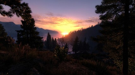 Naklejka premium Mountain Sunrise Over Valley - Scenic Viewpoint