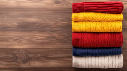 Colorful Cozy Sweaters Stacked on Wooden Table Background for Seasonal Fashion and Home Decor