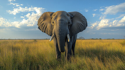 Naklejka premium Elephant standing in green grass under blue sky with clouds