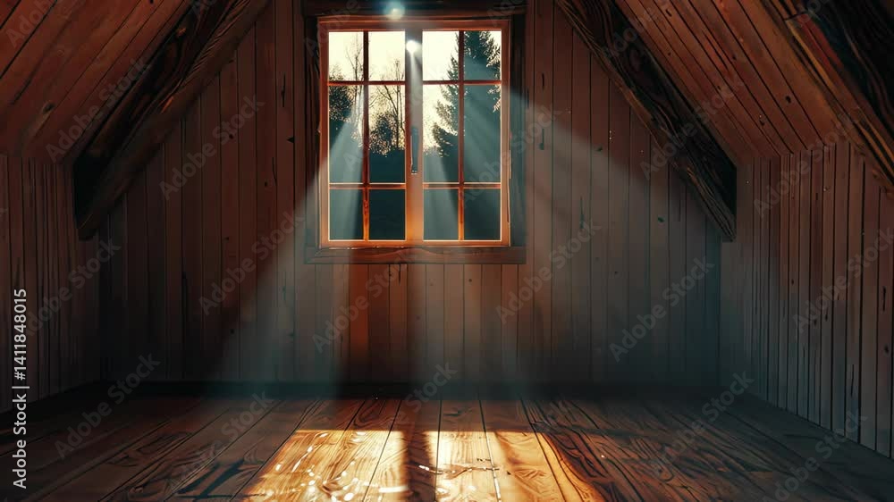 Poster soft rays of sunlight illuminate the empty attic, highlighting wooden beams and floors in a tranquil