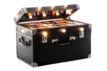 A glamorous makeup case illuminated by lights, showcasing a vibrant assortment of cosmetics ready for a beauty session at twilight isolated on transparent background