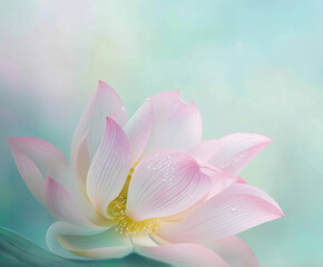 Fototapeta premium close-up of a lotus flower, showcasing its delicate petals in soft shades of pink and white. The petals are adorned with tiny water droplets