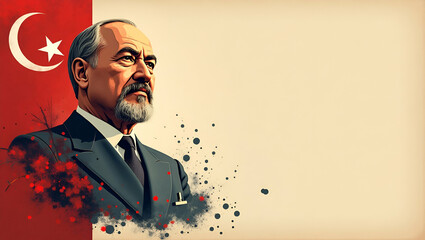 Crafting Distinguished Atat?rk Memorial Poster Visuals: Formal Design Aesthetics, Symbolic Imagery, Cultural Unity, Dignified Remembrance, Photo Stock Concept, Left-Side Empty Space