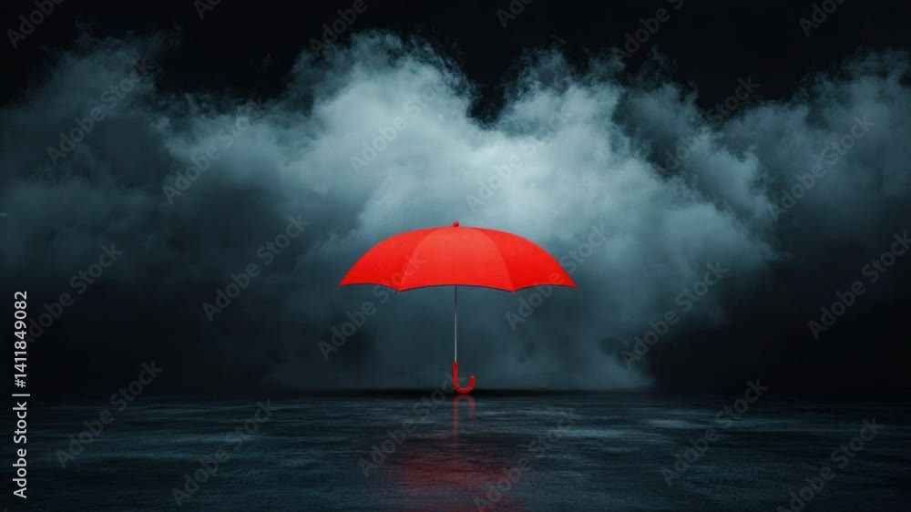 Poster red umbrella in dark misty environment with reflections on wet surface for creative concepts and vis