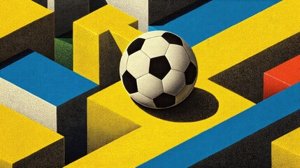 Obraz premium Soccer Ball Surrounded by Colorful Geometric Shapes in a Modern Abstract Design