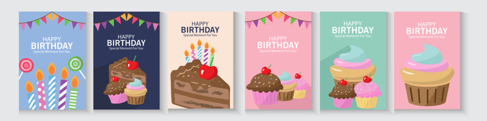 Happy birthday greeting card poster, flayer, banner, collection set, Birthday greeting template design with cupcake and colorful balloons decoration elements for party invitation card background.	