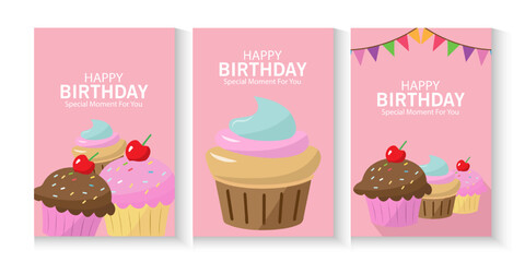 Happy birthday greeting card poster, flayer, banner, collection set, Birthday greeting template design with cupcake and colorful balloons decoration elements for party invitation card background.	