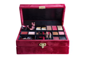 Luxurious red makeup case filled with an array of cosmetics and tools ready for creative beauty moments and makeup application isolated on transparent background