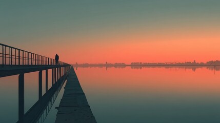 Naklejka premium Serene Twilight Reflection Over Calm Water with a Lone Walker on a Pier at Dusk