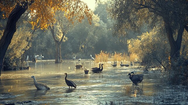A wildlife sanctuary affected by a flood, with animals seeking refuge on higher ground
