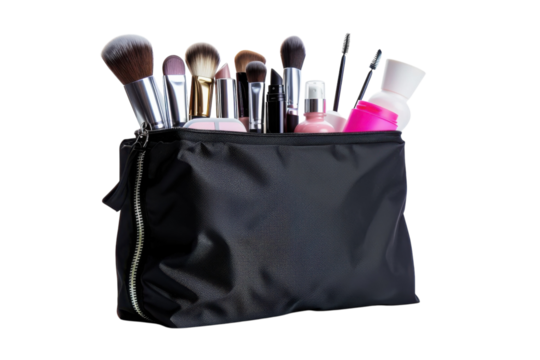 A stylish black makeup bag filled with various brushes and cosmetics, ready for a beauty session at home or on the go isolated on transparent background