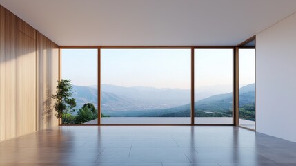 Obraz premium Modern Minimalist Interior Design with Large Windows Overlooking Scenic Mountain View at Sunrise