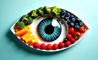 Eye-shaped plate with healthy foods for eyes including broccoli, carrot, strawberries, blueberries, and tomatoes

