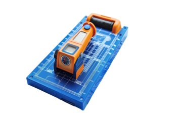 A vibrant digital measuring tool rests on a detailed blueprint showcasing architectural designs and plans for a modern building project isolated on transparent background