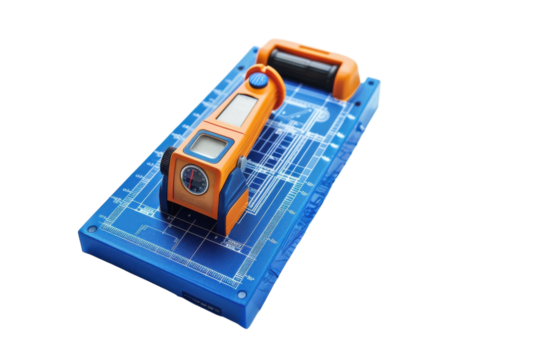 A vibrant digital measuring tool rests on a detailed blueprint showcasing architectural designs and plans for a modern building project isolated on transparent background