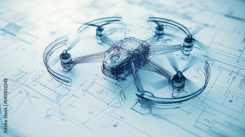 Poster drone blueprint design sketch on technical drawing