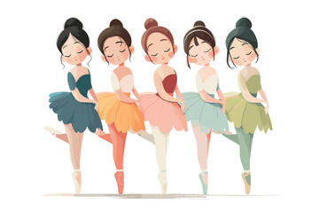 Obraz premium Vector illustration of five graceful ballerinas in pastel-colored tutus. Elegant poses and soft expressions in a charming and artistic composition