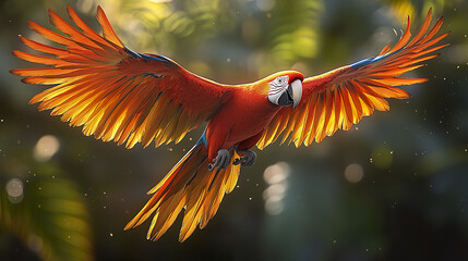 Vibrant macaw bird flying with open wings in sunlight