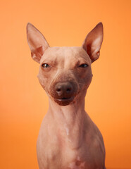 An inquisitive American Hairless Terrier dog sits with its head slightly tilted, gazing curiously...