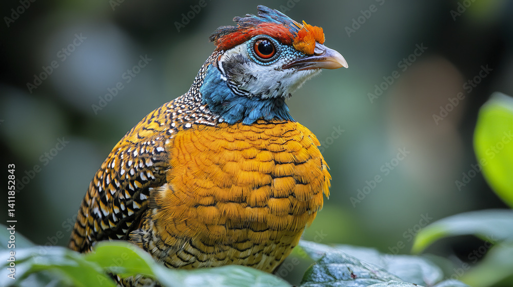 Poster vibrant bird with intricate plumage patterns perched on branch
