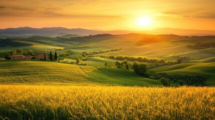 Obraz premium Golden Hour in Tuscany: Rolling Hills, Farmhouse, and Sunset