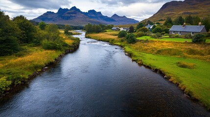 Obraz premium Scottish River Valley, Autumnal Landscape, Mountain View, Tranquil Scene
