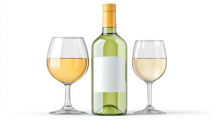 Fresh White Wine Bottle with Glasses Ready for Pouring and Enjoyment on White Background