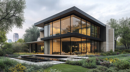 Fototapeta premium Modern minimalist home with large glass windows and lush garden