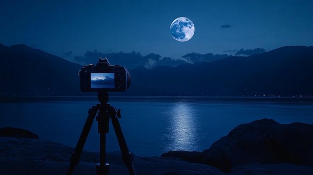 Night Photography: Moonlit Lake - Powered by Adobe