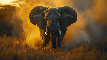 Obraz premium Majestic elephant charging through dust at sunset in savannah