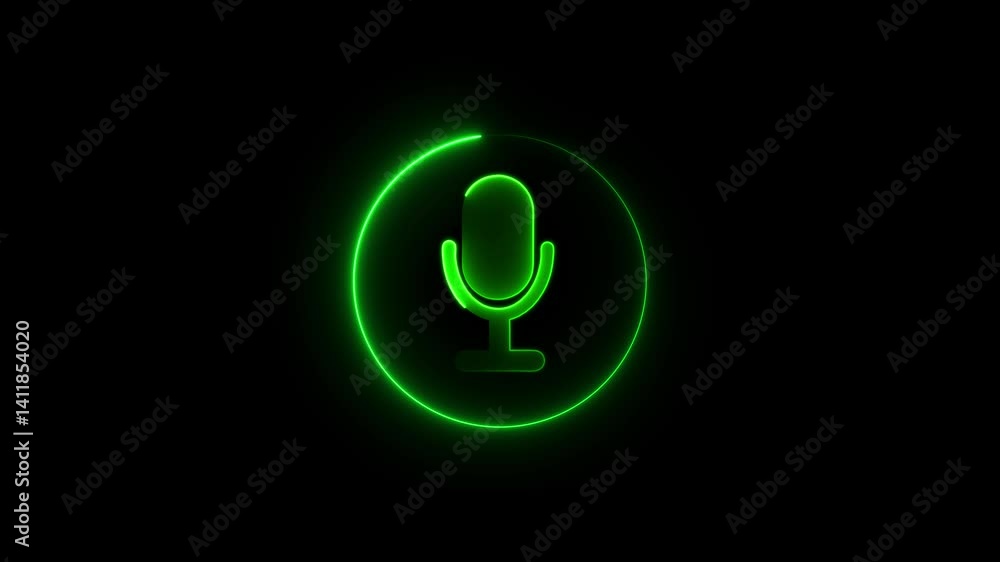 Poster voice recording podcast mic microphone button icon animation. neon line microphone icon .