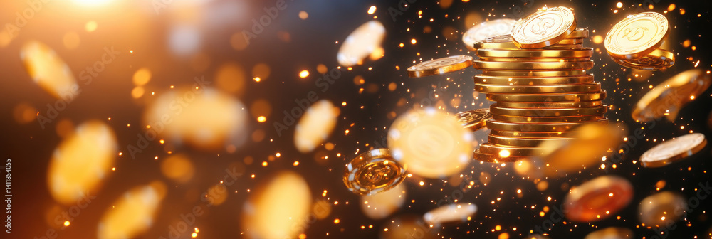 Poster golden coins and chips floating in dark space with bokeh lights symbolizing wealth and gambling in h