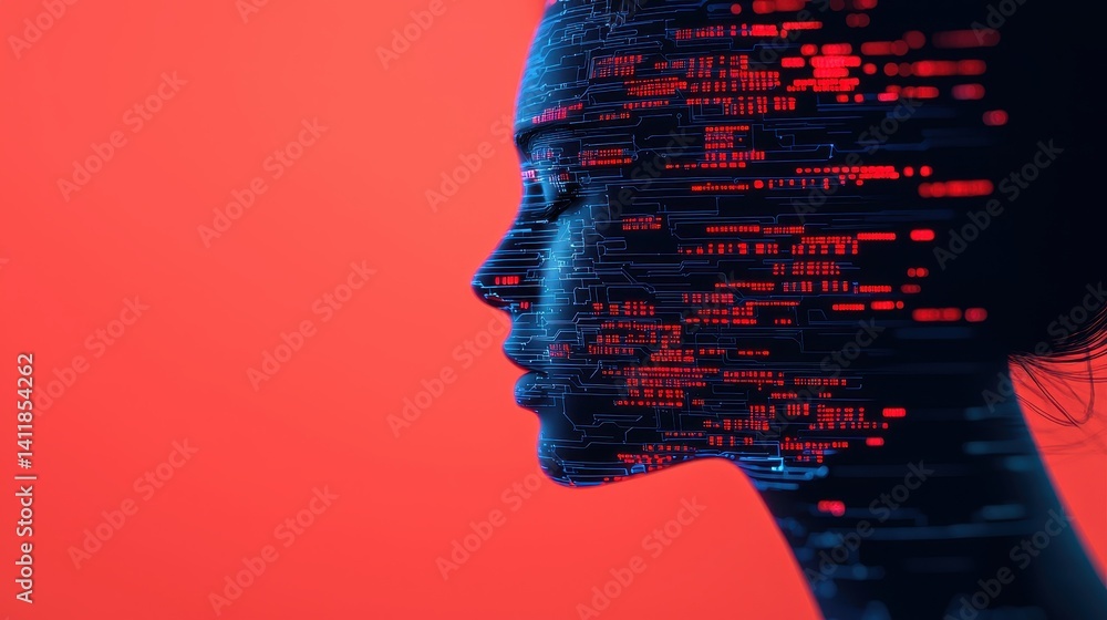 Poster profile silhouette of woman with digital code patterns on red background representing technology and