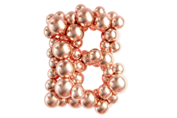 A playful arrangement of glossy rose gold bubbles forming the letter B against a clean white background, showcasing a whimsical design concept isolated on transparent background