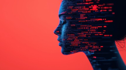 Profile silhouette of woman with digital code patterns on red background representing technology and innovation
