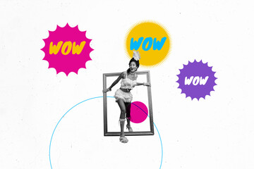 Template sketch image composite collage of wow amazed banner young lady smile opulence style...