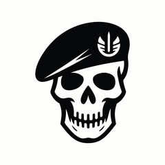 Skull with Beret Illustration in Black and White Graphic Style
