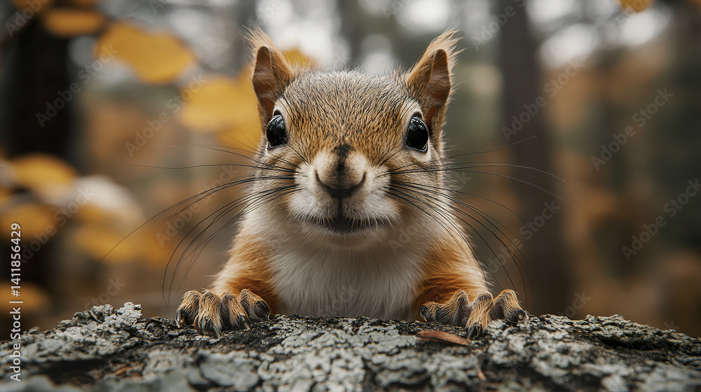 Poster curious squirrel with fluffy tail on tree branch in autumn forest