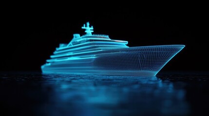 Futuristic Wireframe Yacht Model Illuminated by Cool Blue Light on a Dark Background
