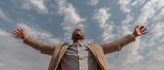 A businessman with his arms up