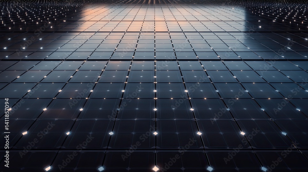 Poster futuristic grid with illuminated squares and reflection in background