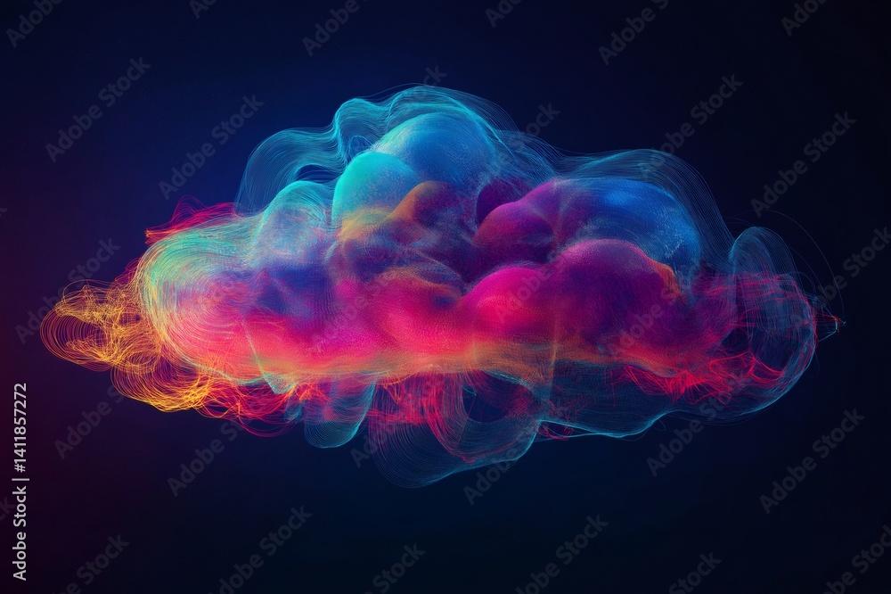 Poster colorful lines and particles swirling together, creating a vibrant and dynamic cloud like formation 