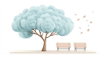 Serene Artistic Representation of a Tree with Benches in a Pastel Color Palette in a Minimalist Style