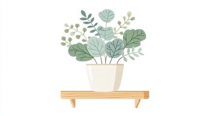 Fototapeta premium Lush Green Houseplant in a Minimalist Pot on a Wooden Shelf for Modern Home Decor