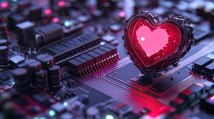 Heart Shaped Icon With Glowing Elements on Circuit Board Design