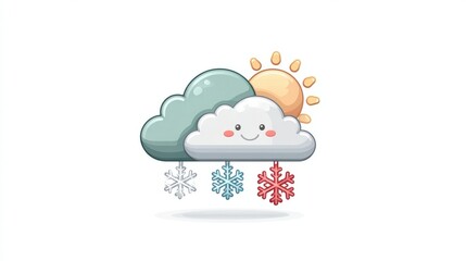 Obraz premium Cute Cartoon Illustration of Cloud with Snowflakes and Sun in a Bright Sky Setting